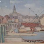 Schilderij, G. Boosten, Storten van putten Wilhelminabrug, 1958